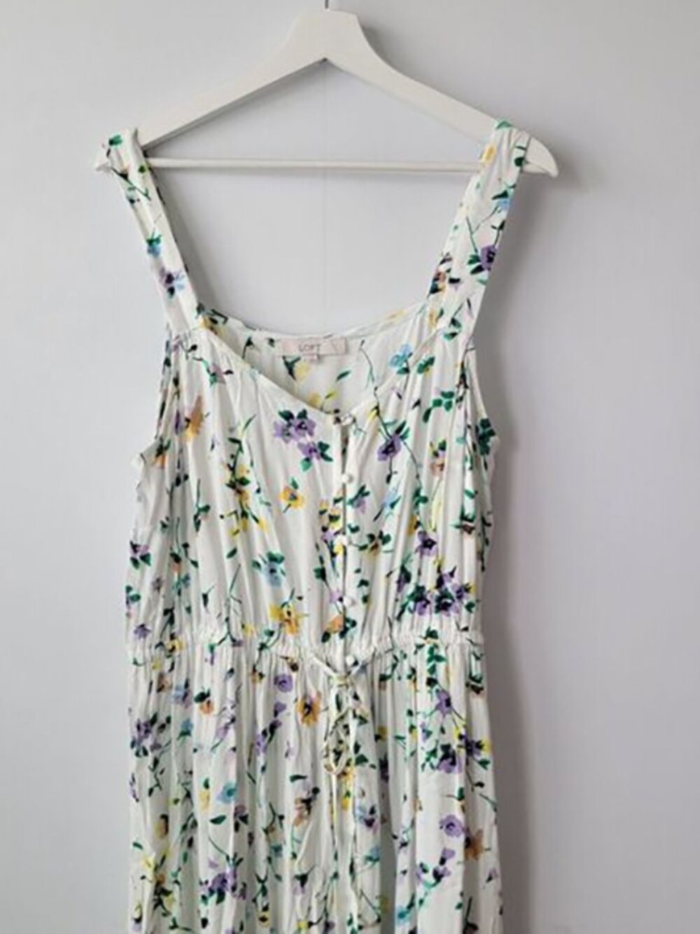 Loft womens Floral Button Ruffle Midi Dress size 14 button front tie wasit - Picture 3 of 8